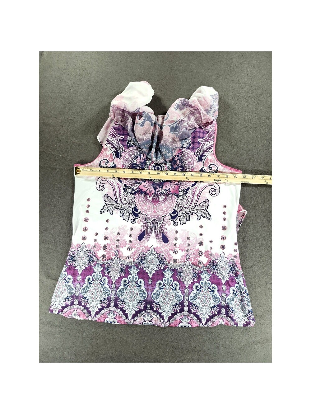 Simply Emma Womens 1X Pink Purple Paisley Flutter Sleeve Top 295 - Picture 4 of 8